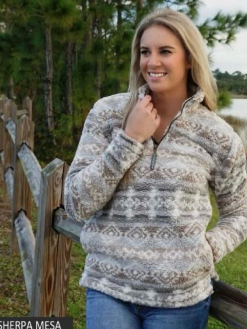 Lrg Cozy Patterned Teddy Half-Zip Jacket in Cream, Gray & Brown